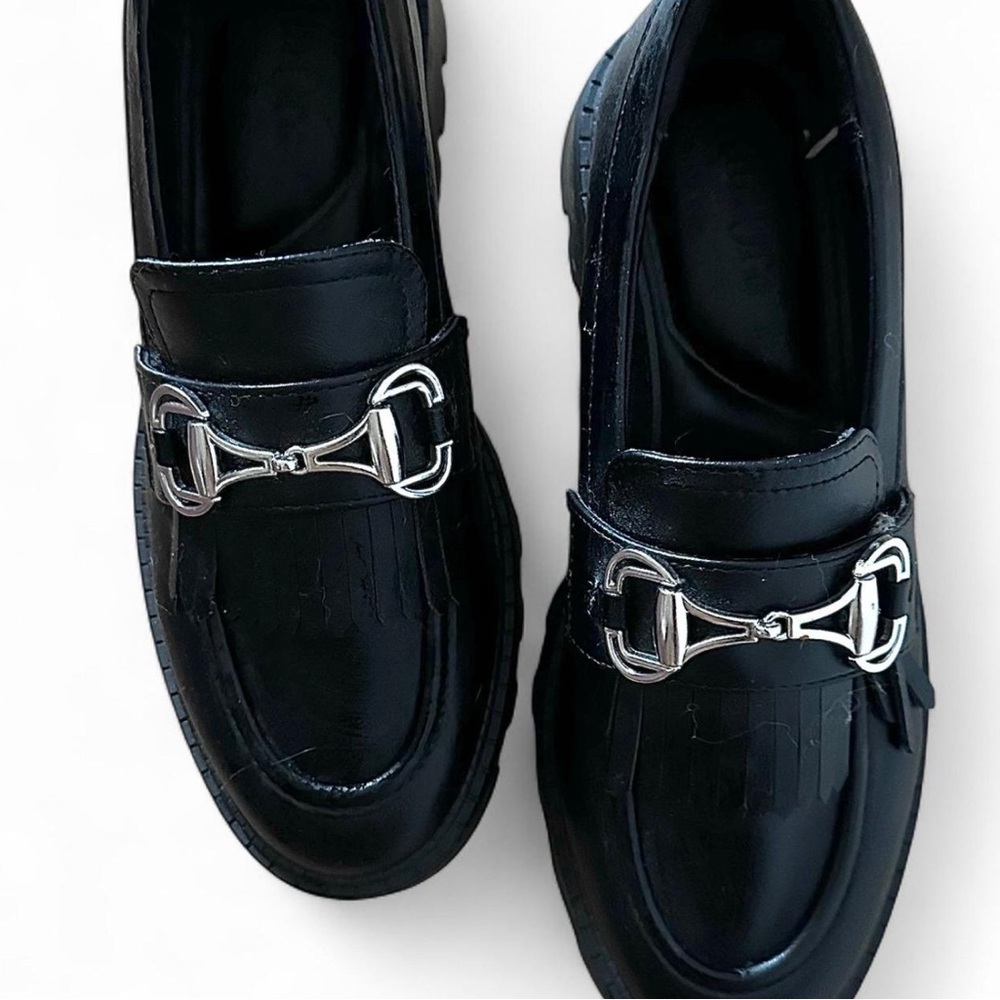 Primark Women's Black Loafers with Silver Buckle